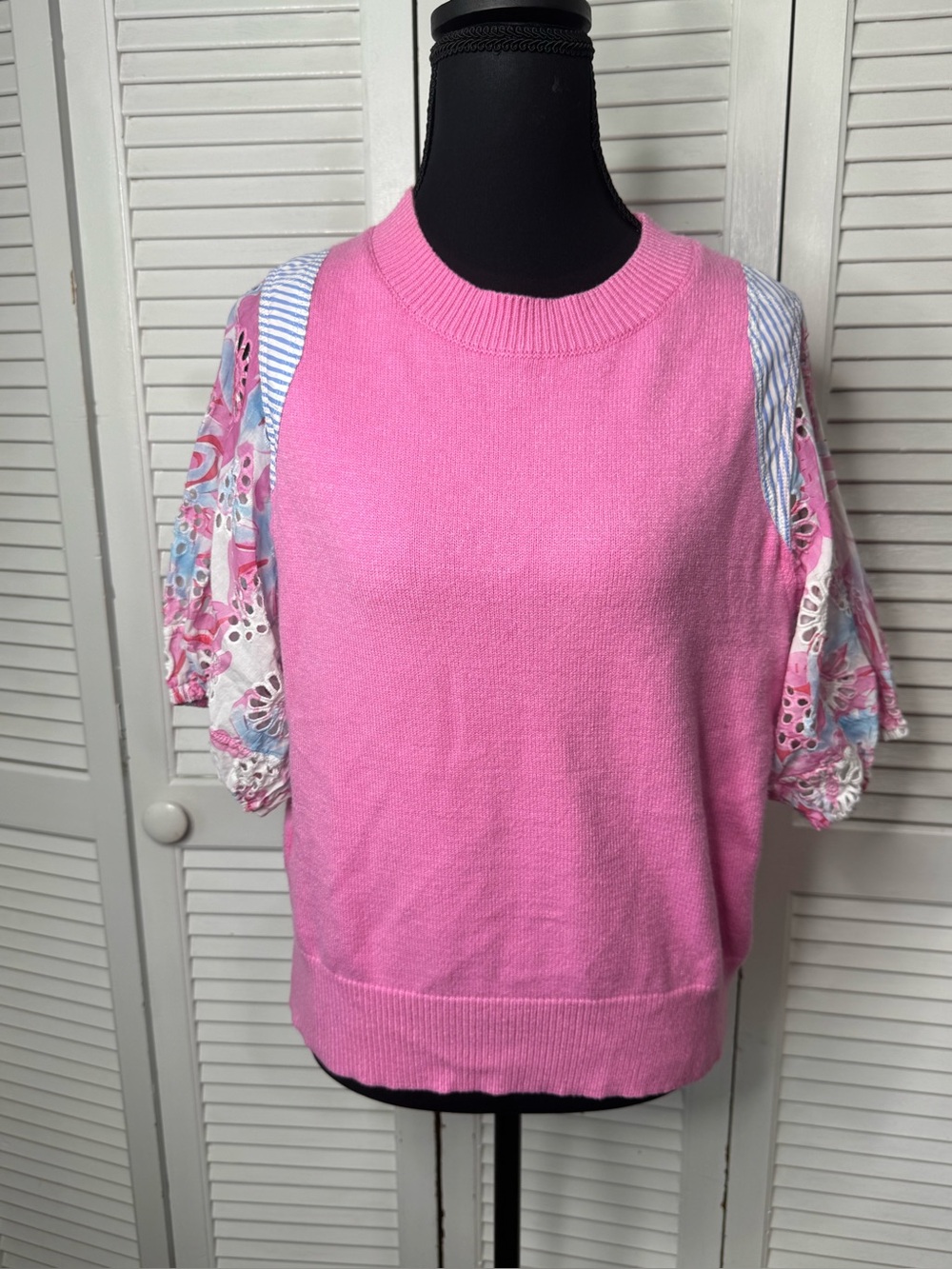 THML Whatever It Takes Pink Boho Puff Sleeves Eyelet Sweater Too Medium
